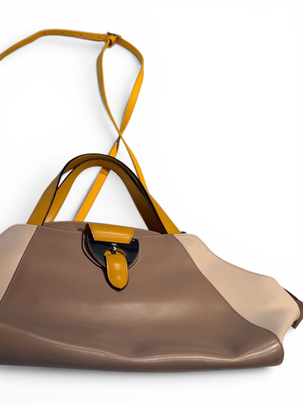 Nicoli Italy Genuine Leather Colorblock Satchel Crossbody Taupe Cream Yellow